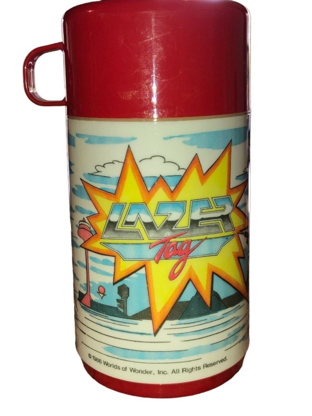 NWOB Vtg Lazer Tag Academy Cartoon Thermos 1986 Aladdin Worlds of Wonder 6.25"